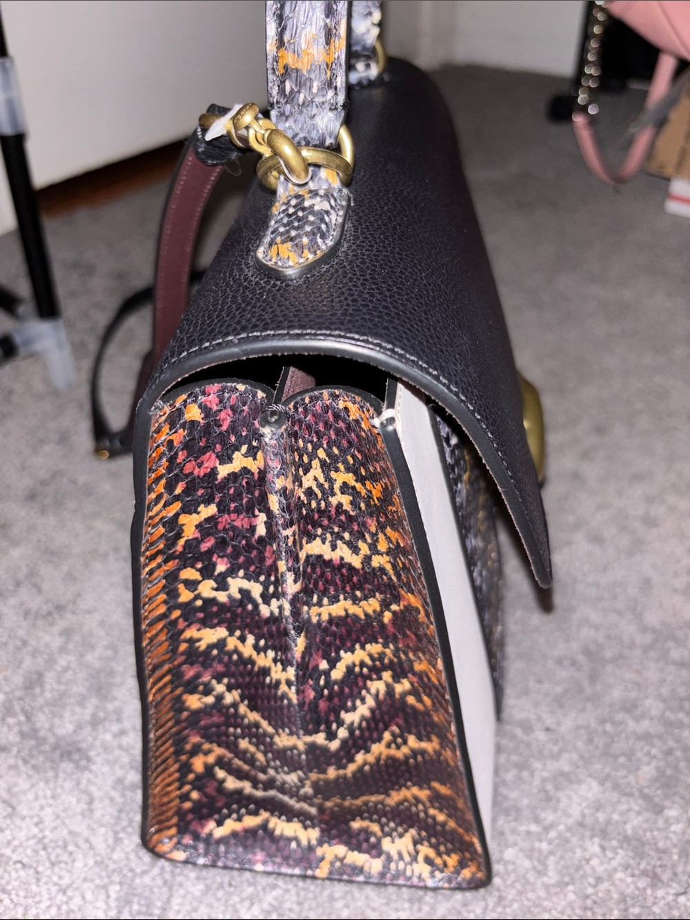 Coach Black and Cream Top-Handle Women's Satchel with Snakeskin Accent - Picture 2 of 14